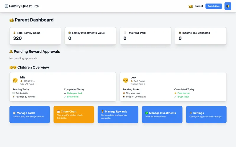 The parent dashboard with family coins, reward approvals and an overview of each child