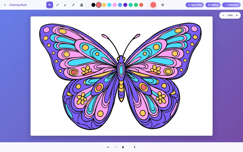 A butterfly coloring page fully colored in purple, pink, cyan and yellow on a computer