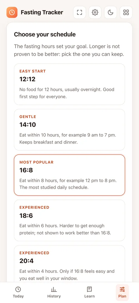 The Plan tab with schedules from 12:12 to 20:4