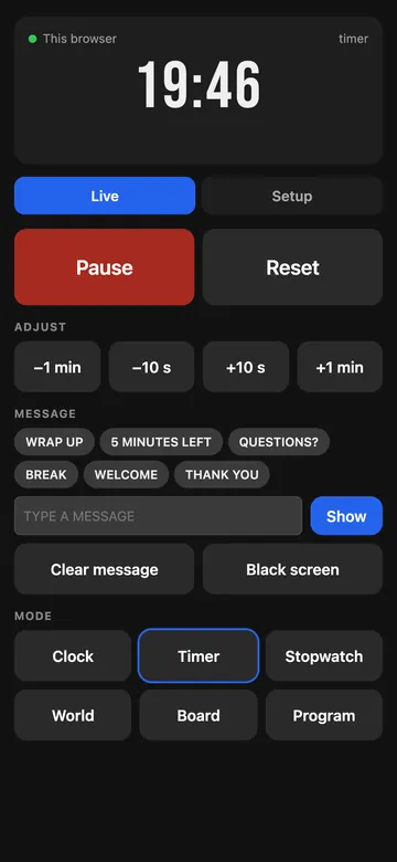 The phone controller: a big timer, Pause and Reset, ±1 min and ±10 s, quick messages and the six modes