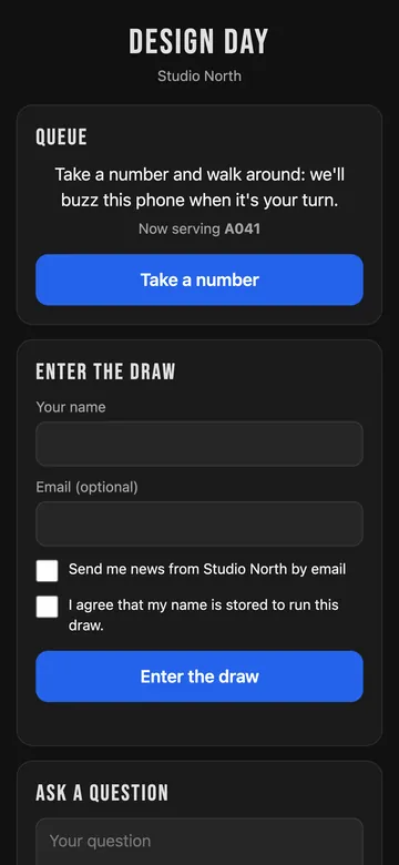 The visitor page for DESIGN DAY with Take a number, Enter the draw and Ask a question
