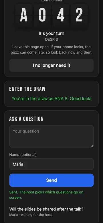 The Ask a question card with a question sent and waiting for the host