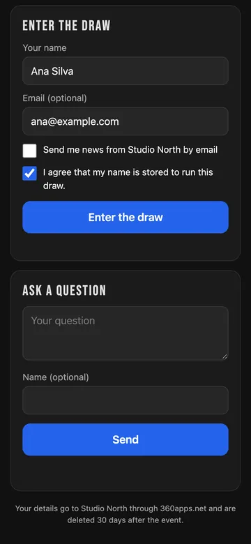 The raffle form with name, email, a newsletter checkbox and the consent checkbox ticked
