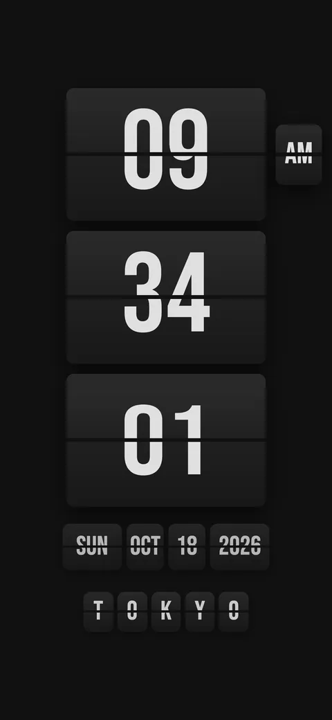 World clock mode on a phone showing Tokyo, digits stacked in portrait