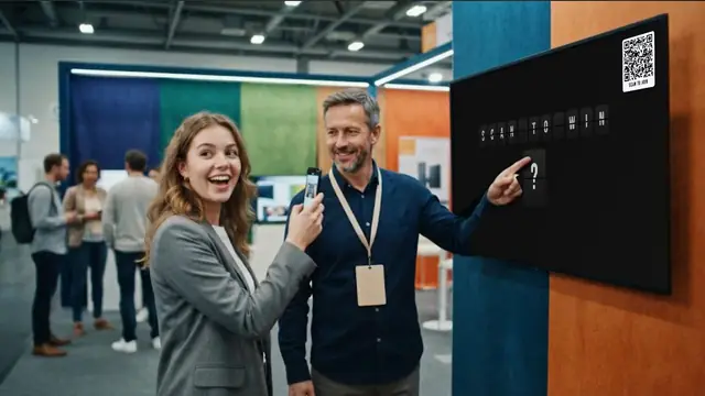 A trade-show booth: a young woman scans the QR code on a TV with her phone while the exhibitor points at the split-flap board drawing the raffle winner