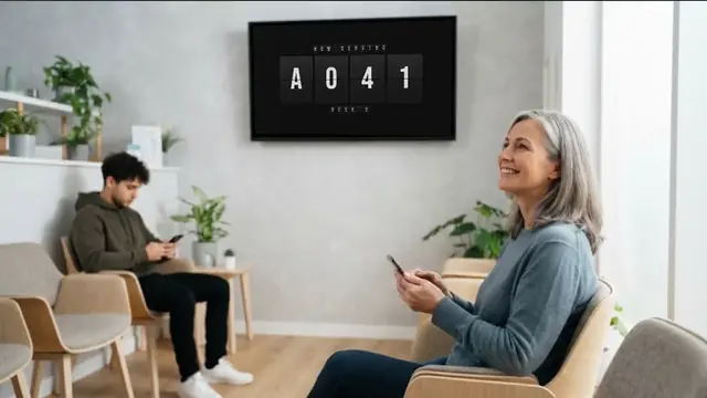 A clinic waiting room: a woman with her phone smiles up at a TV where Airport Flip Clock calls the next number under NOW SERVING