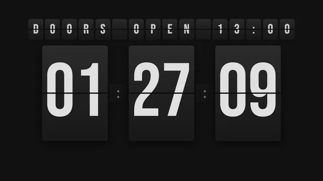 DOORS OPEN with the time above a countdown in hours, minutes and seconds