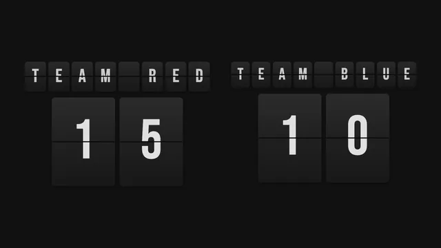 TEAM RED 15, TEAM BLUE 10 on split-flap plates