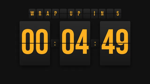 The speaker screen with WRAP UP IN 5 flipped above an amber timer just under five minutes