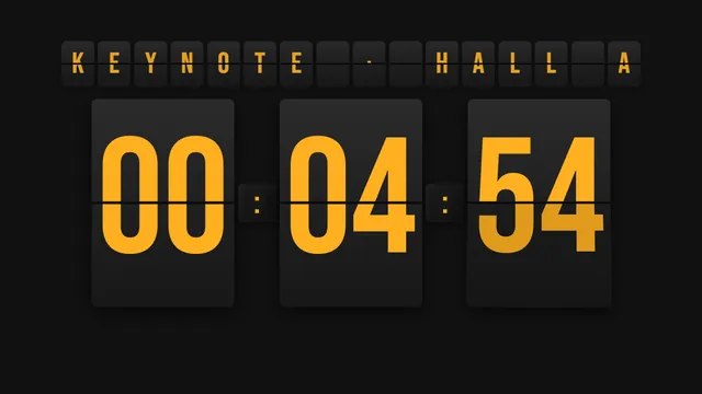 An amber timer just under five minutes under KEYNOTE · HALL A