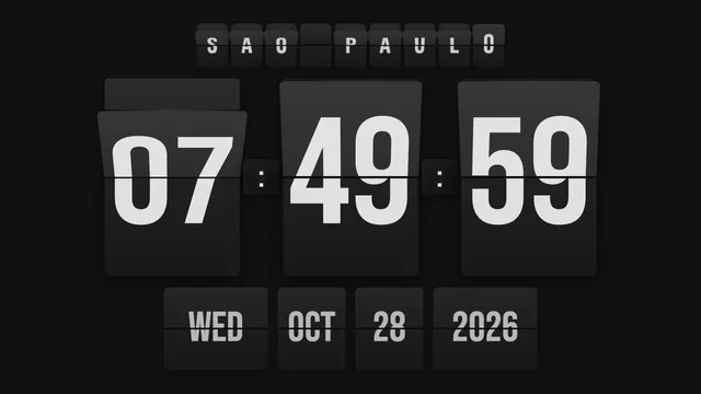 A world clock: a city name above big flipping hours and the date