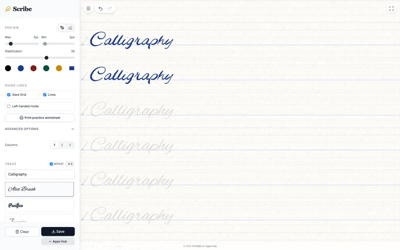 Two rows of Calligraphy traced, four rows of models left