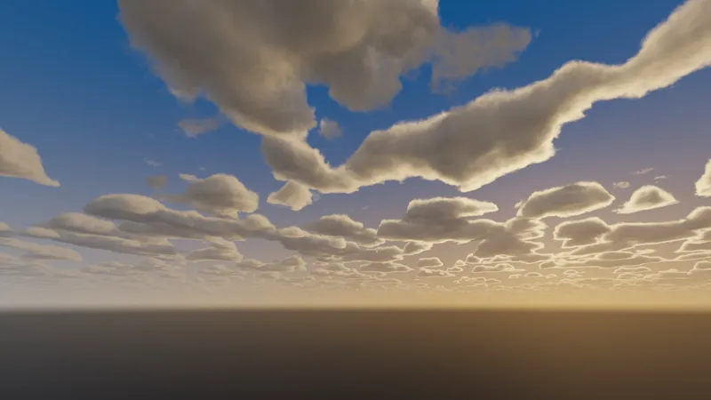 Golden-hour cumulus clouds above a flat horizon rendered in HDRI Creator