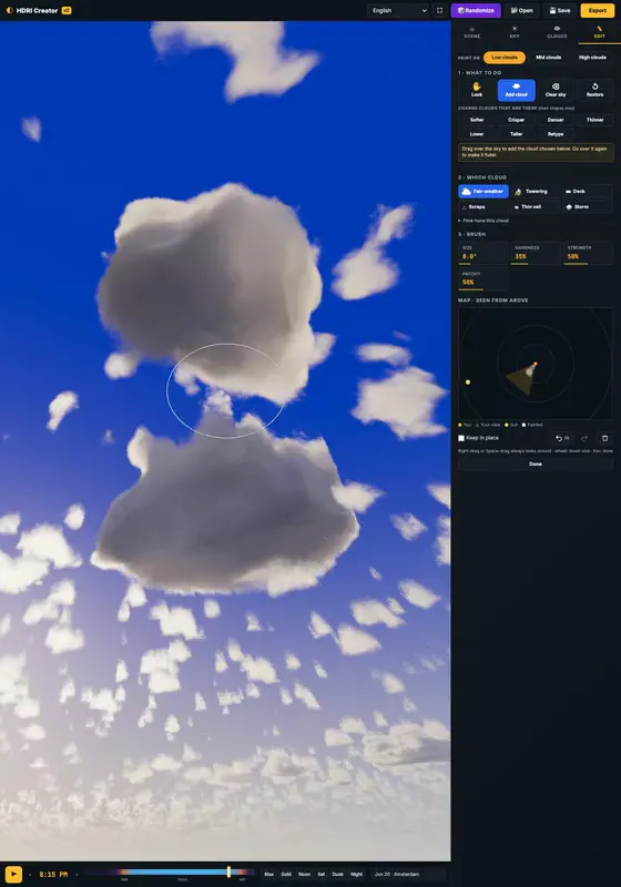Clouds painted onto a blue sky with the Edit Sky brush