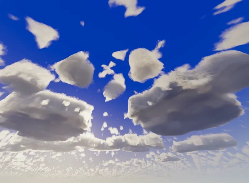 The same sky with large painted cumulus clouds