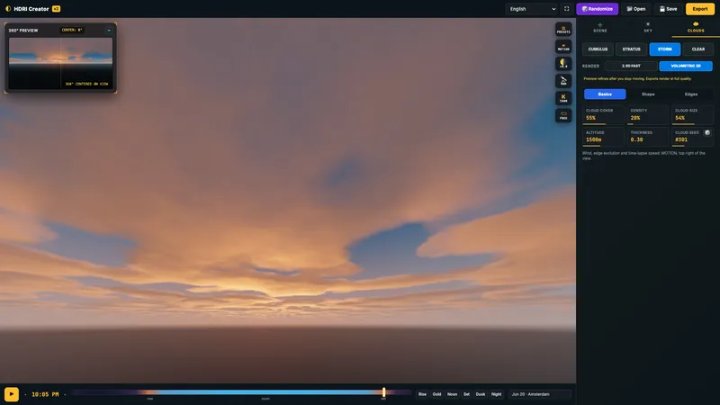 The HDRI Creator studio on a computer with a sunset sky and cloud controls