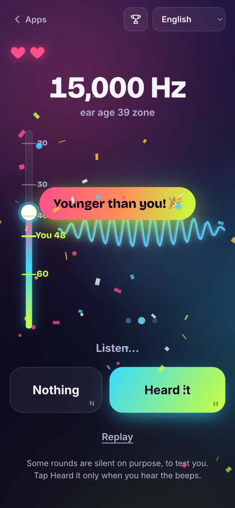 A round at 15,000 Hz: a wave at the current pitch, the age climb on the left, and Nothing and Heard it buttons