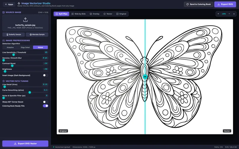 The butterfly sample traced, split view