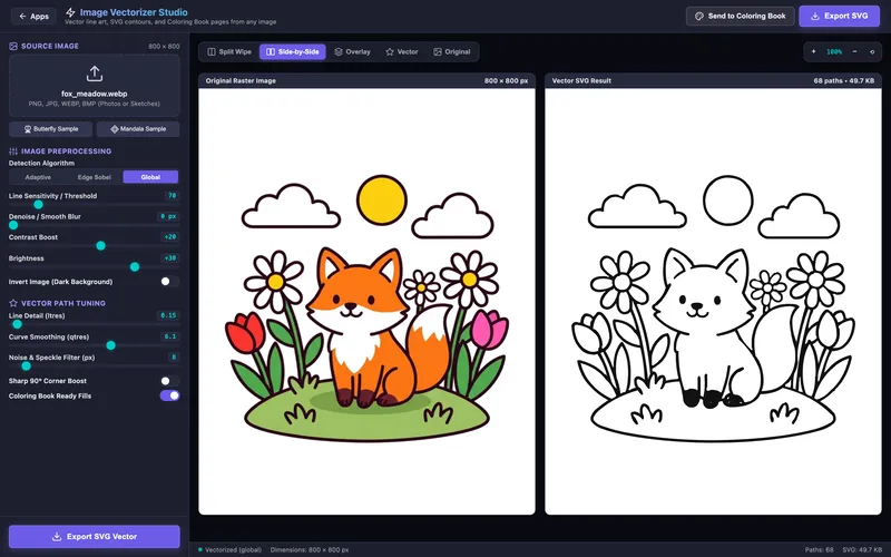 A colourful fox picture next to its traced line art