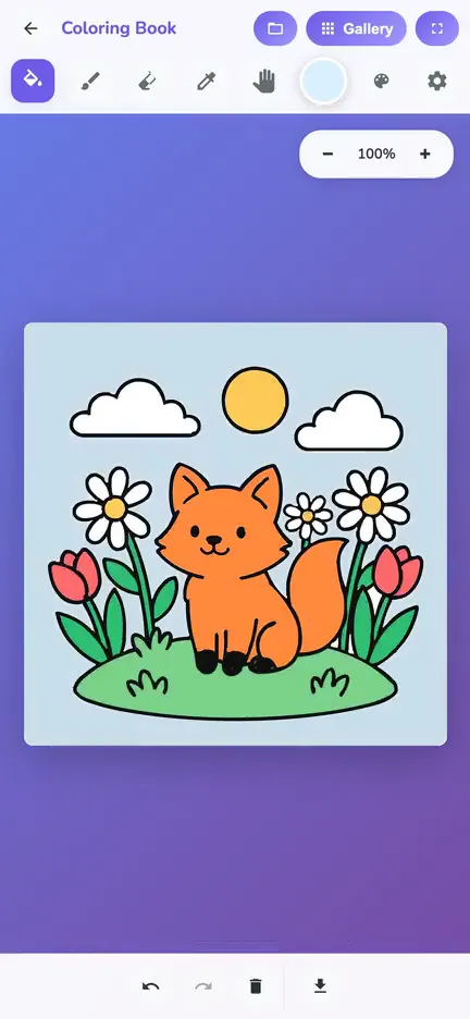 The fox picture is traced, sent to Coloring Book and filled in tap by tap