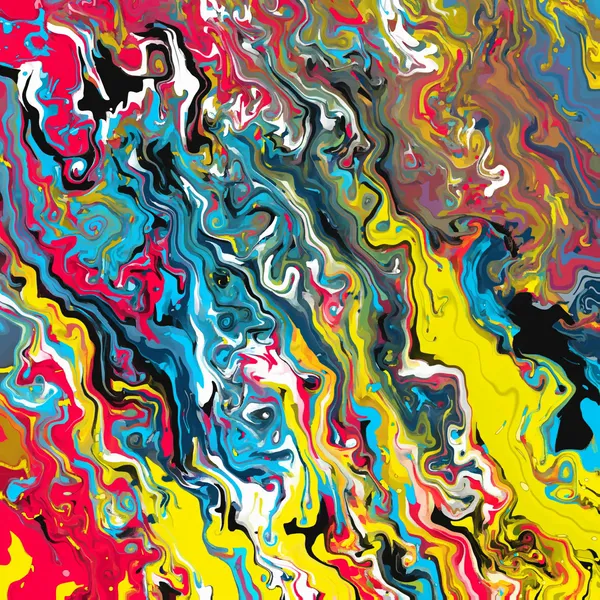 Cyan, magenta and yellow paint running across a white canvas