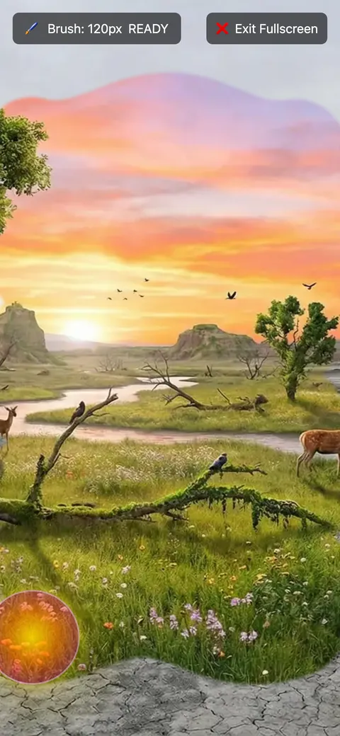 The desert scene on a phone, painted into a sunset meadow with deer