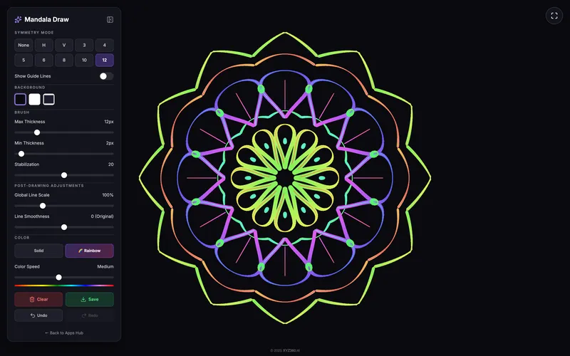A 12-fold rainbow mandala with the settings panel