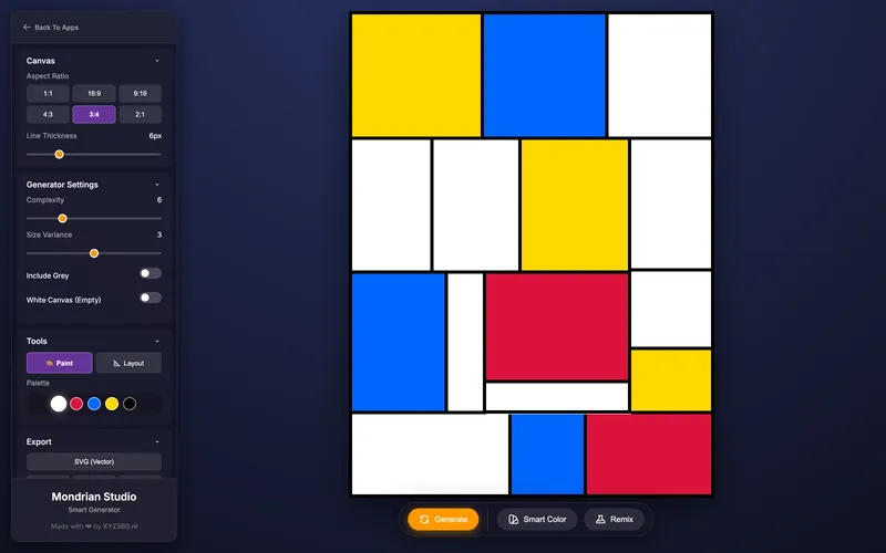 A 3:4 Mondrian composition with the settings sidebar