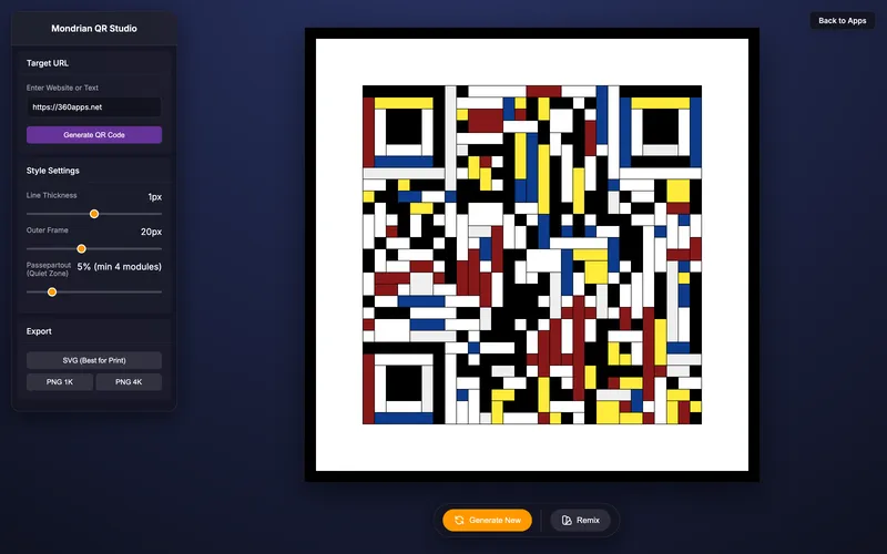 A Mondrian-style QR code with the settings panel; it scans to 360apps.net