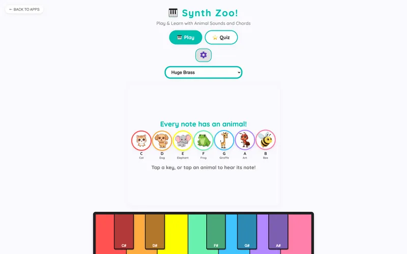 The first screen: seven note animals above the rainbow keyboard