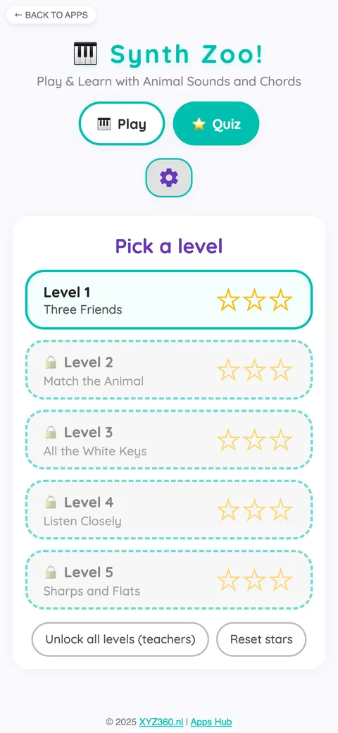 The quiz level picker with five levels and stars