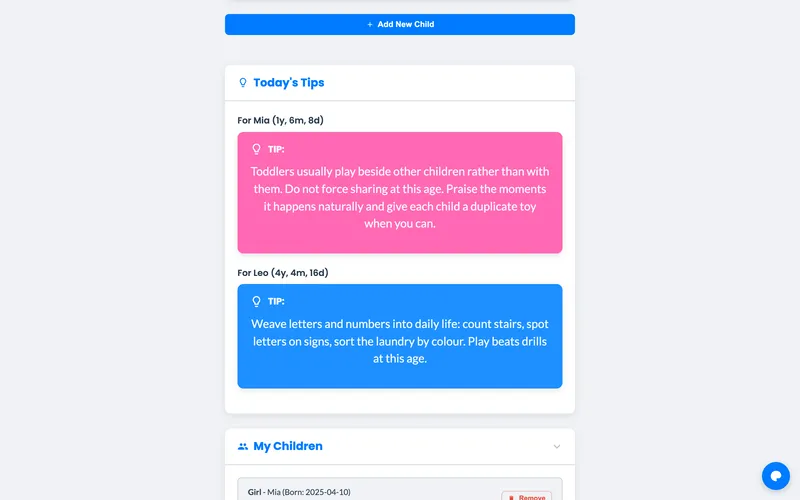 Today’s tips for Mia, 1 year 6 months, and Leo, 4 years 4 months