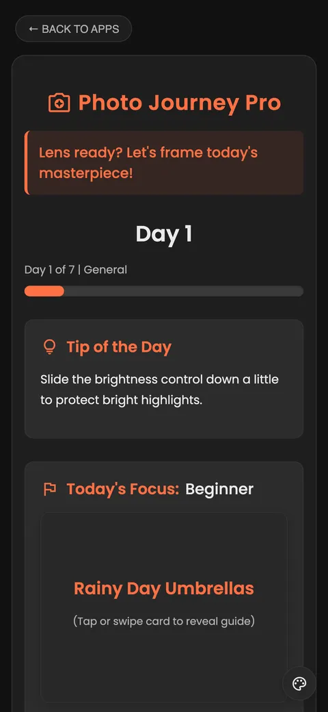 Day 1 card: Rainy Day Umbrellas, with the tip of the day