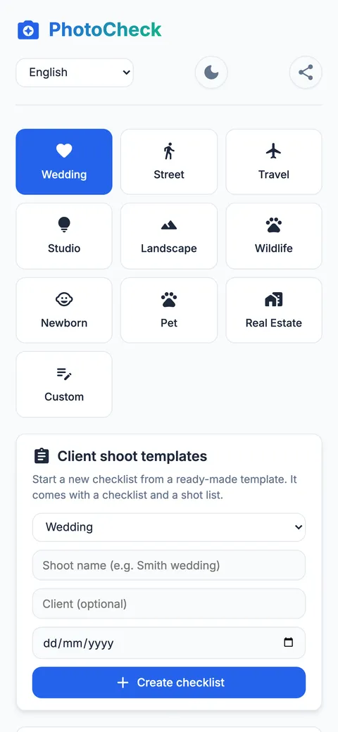 The first screen with nine shoot types and the client template form