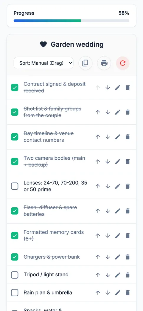A Garden wedding checklist on a phone, 7 of 12 items ticked, 58 percent packed