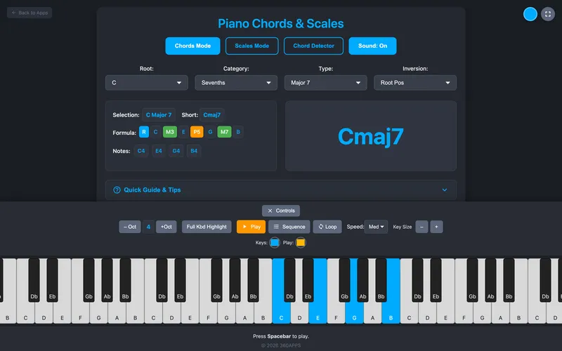 C major 7 highlighted on the piano with formula and notes