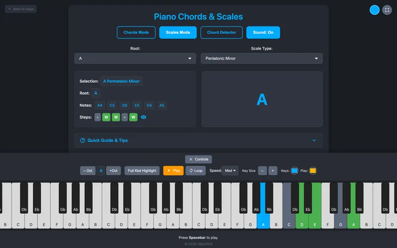 A minor pentatonic with step colours on the keys