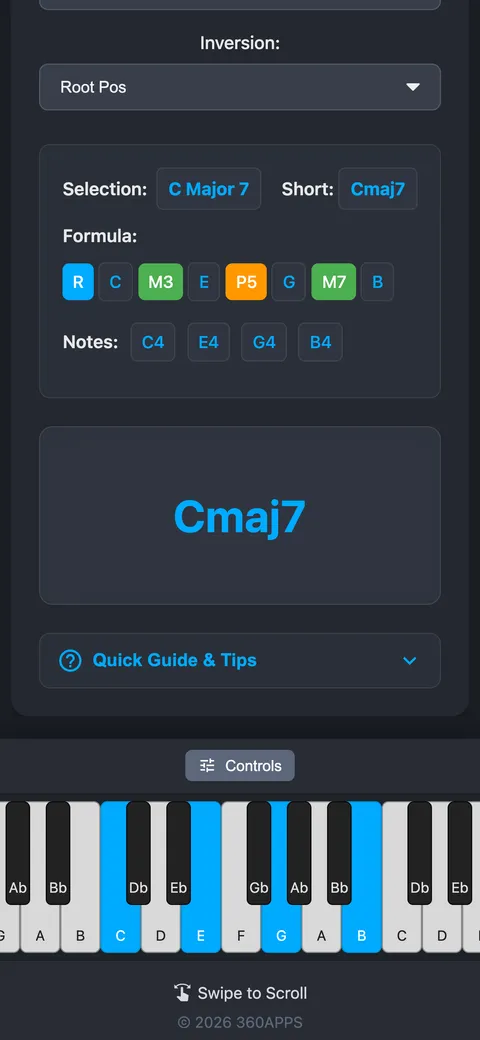 Cmaj7 on a phone with controls collapsed