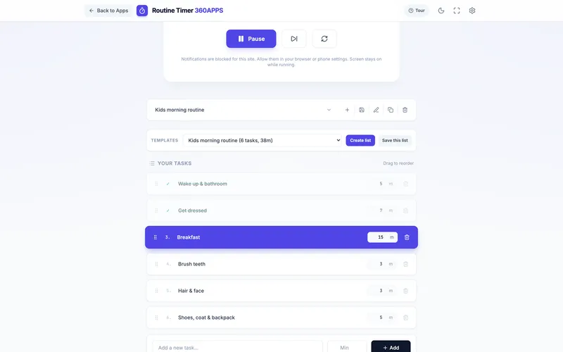The task list with times for each step