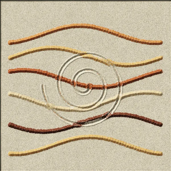 Waves of desert-coloured sand on a sand tray with a spiral drawn through them