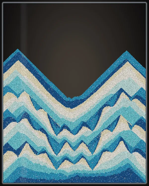 Blue and cream sand layers feathered into rows of points in a glass frame