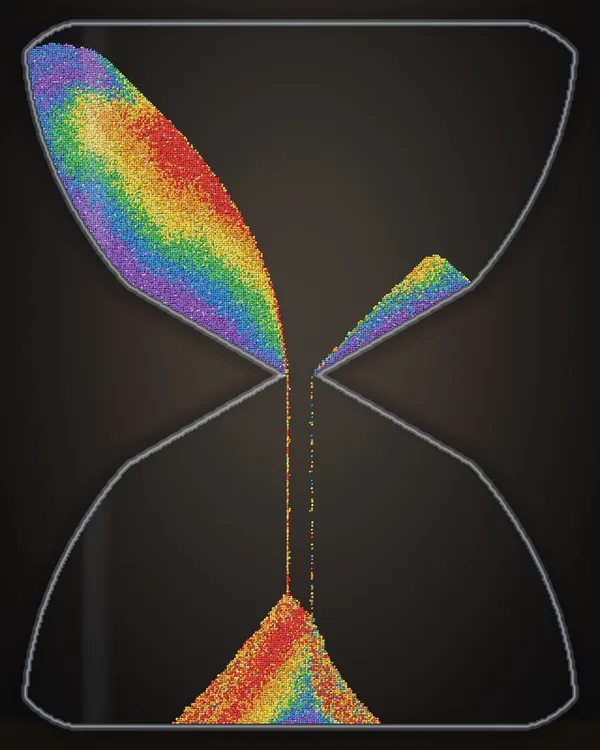 Rainbow sand running through the waist of an hourglass