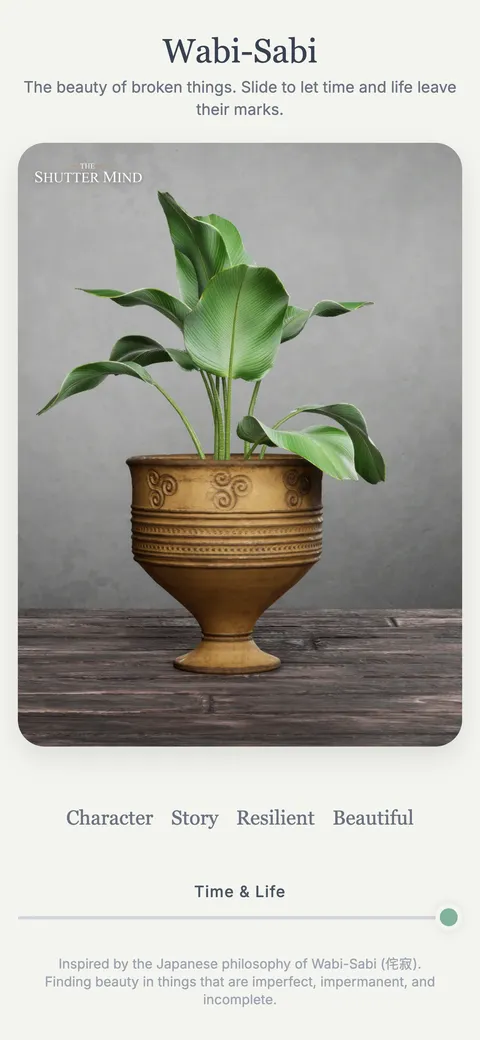 The aged pot with the words Character, Story, Resilient, Beautiful
