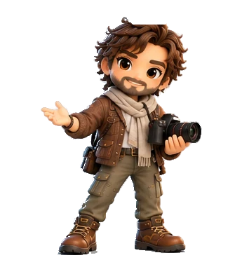 Frame, with a beard, a scarf and a camera