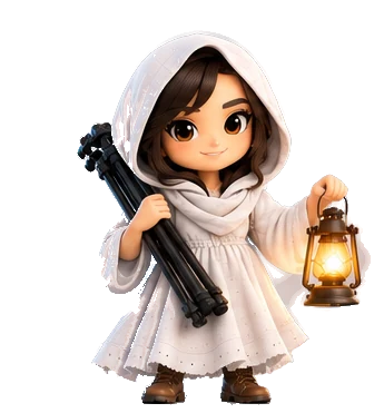 Ghost, in a white hooded cloak, with a tripod and a lantern