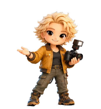 Glow, with curly blond hair and a camera with a small flash