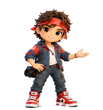 Rio, with a red bandana and a camera