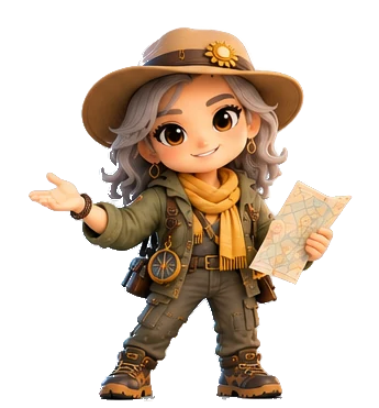 Sol, with a wide-brimmed hat, a scarf and a map
