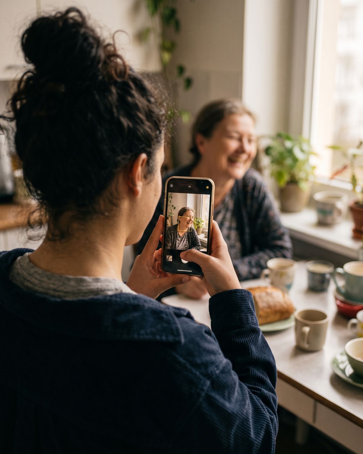 The same young woman photographing her laughing grandmother by a kitchen window with her phone