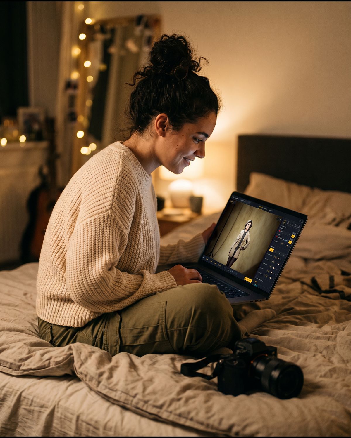A young woman practising photography in the simulator on her laptop late at night, her camera next to her